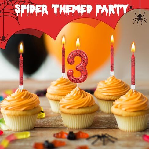 13 Pcs Spider Themed Birthday Candle Set, 12 Spider Web Cake Topper and 1 Number Birthday Candle, Red Spider Themed Birthday Candle Spider Birthday Decoration for Boy Spider Party(Number 3) in Saudi Arabia