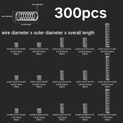 300Pcs Small Compression Spring Assortment Kit, Stainless Steel,15 Size, Length (0.39-2inch/10mm-50mm), OD(8-9.5mm) in Saudi Arabia