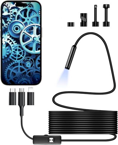 كاميرا المنظار مع الضوء، كاميرا فحص مع كاميرا صغيرة مقاومة للماء بدقة 1920 بكسل، أداة رائعة مع 8 مصابيح LED قابلة للتعديل. كاميرا مجاري مع كابل شبه صلب بطول 10 أقدام، كاميرا صغيرة لهواتف iPhone وiPad وSamsung in Kuwait