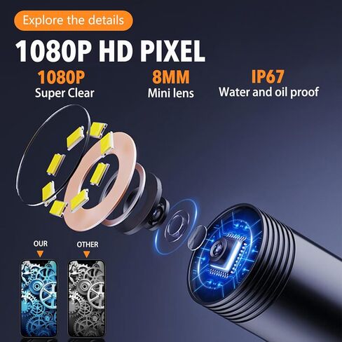 كاميرا المنظار مع الضوء، كاميرا فحص مع كاميرا صغيرة مقاومة للماء بدقة 1920 بكسل، أداة رائعة مع 8 مصابيح LED قابلة للتعديل. كاميرا مجاري مع كابل شبه صلب بطول 10 أقدام، كاميرا صغيرة لهواتف iPhone وiPad وSamsung in Kuwait