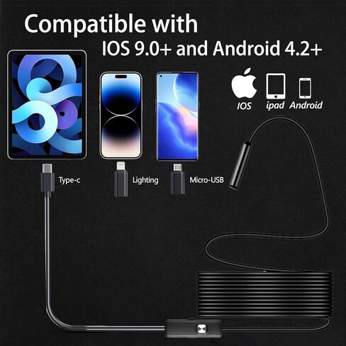 كاميرا المنظار مع الضوء، كاميرا فحص مع كاميرا صغيرة مقاومة للماء بدقة 1920 بكسل، أداة رائعة مع 8 مصابيح LED قابلة للتعديل. كاميرا مجاري مع كابل شبه صلب بطول 10 أقدام، كاميرا صغيرة لهواتف iPhone وiPad وSamsung in Kuwait