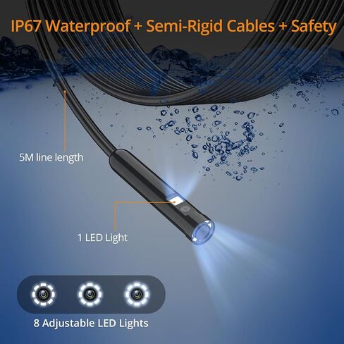 كاميرا فحص الثعبان بوريسكوب من نيوتيك مع 8+1 مصابيح LED قابلة للتعديل، 1920P IP67 مقاومة للماء عالية الدقة وكابل شبه صلب بطول 5 أمتار/16.4 قدم، توافق مثالي مع Android وiOS in Saudi Arabia