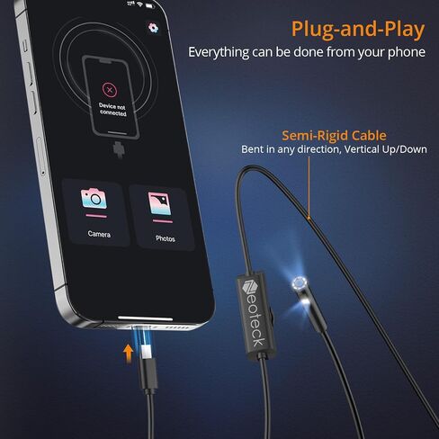 كاميرا فحص الثعبان بوريسكوب من نيوتيك مع 8+1 مصابيح LED قابلة للتعديل، 1920P IP67 مقاومة للماء عالية الدقة وكابل شبه صلب بطول 5 أمتار/16.4 قدم، توافق مثالي مع Android وiOS in Saudi Arabia