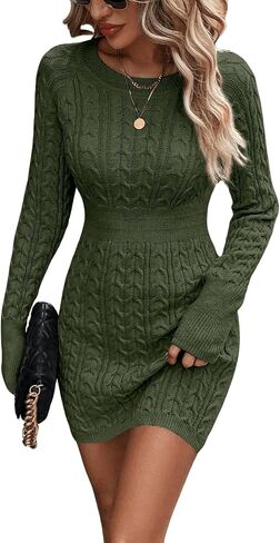 GORGLITTER Women's Raglan Sleeve Cable Knit Sweater Dress Crewneck Slim Fit Short Pencil Dresses in Kuwait