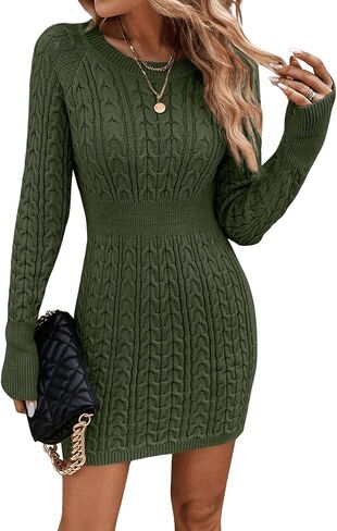 GORGLITTER Women's Raglan Sleeve Cable Knit Sweater Dress Crewneck Slim Fit Short Pencil Dresses in Kuwait