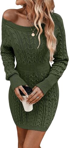GORGLITTER Women's Raglan Sleeve Cable Knit Sweater Dress Crewneck Slim Fit Short Pencil Dresses in Kuwait