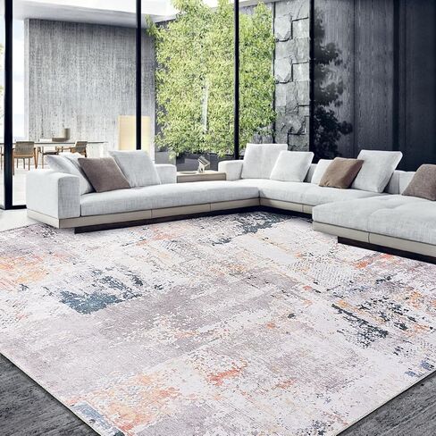 HOMBYS 9x12 Modern Area Rug for Living Room Bedroom, Large Boho Floor Carpet with Non-Slip Backing for Indoor Office Dining Room, Abstract Home Deco Non-Shedding, Khaki, Machine Washable in Saudi Arabia