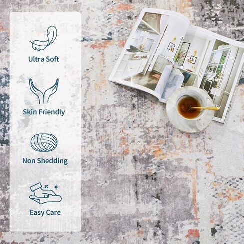 HOMBYS 9x12 Modern Area Rug for Living Room Bedroom, Large Boho Floor Carpet with Non-Slip Backing for Indoor Office Dining Room, Abstract Home Deco Non-Shedding, Khaki, Machine Washable in Saudi Arabia