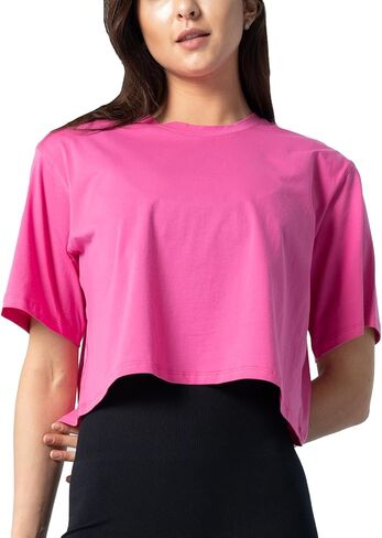 Lulucheri Women's Pima Cotton Workout Crop Tops Short Sleeve Shirts Athletic T-Shirt Cropped Crew Neck Tee in Kuwait