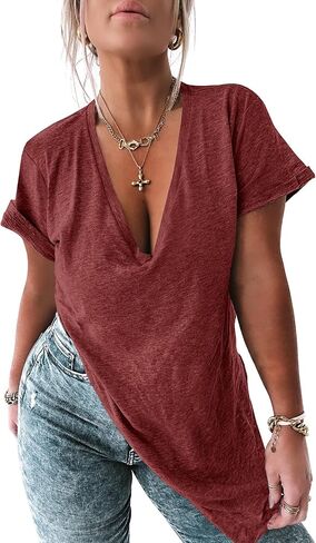 Tankaneo Womens Deep V Neck Short Sleeve T Shirts Side Slit Oversized Summer Loose Tunic Top in Saudi Arabia