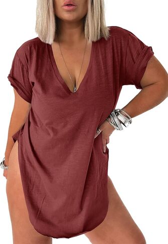 Tankaneo Womens Deep V Neck Short Sleeve T Shirts Side Slit Oversized Summer Loose Tunic Top in Saudi Arabia