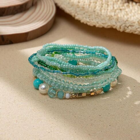 COLORFUL BLING Bohemian Crystal Beaded Bracelets Set Multilayer Stackable Bracelets Boho Charms Stretch Bracelet Handmade Multicolor Crystal Beaded Bangles Strand Bracelet Set in Kuwait