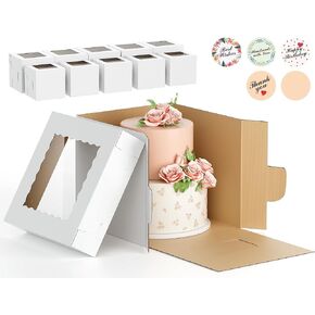 10Pcs Corrugated Cake Boxes in 2 Sizes - 12x12x12 & 10x10x10 Inch Tall Cake Box with Window, Thick Bakery Dessert Boxes, Disposable Cardboard Cake Carrier for Layer Cakes, Birthday, Wedding, Party