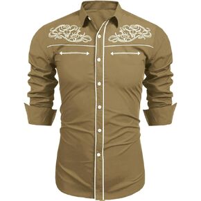 Runcati Mens Western Cowboy Shirt Button Down Long Sleeve Embroidered Casual Slim Fit Vintage Dress Shirts
