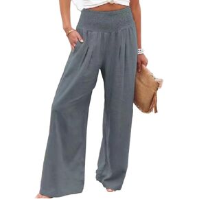 Women's High Waist Breathable Casual Wide Leg Pants with Pockets Hundred Solid Color Cotton Linen Pants