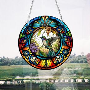 11.8 in Colourful Hummingbird Window Hanging Bird On A Branch Acrylic Stained Panel Hangings Decorative Mural Wall Art Decor for Bedroom Office Garden Gift for Mom Grandma Teacher Bird Lover