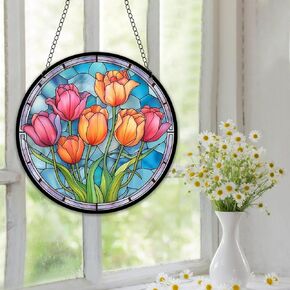 Large Tulips Butterfly Acrylic Window Hangings Beautiful Flowers Stained Window & Wall Decor, Ideal Housewarming Gift, Home Decor for Mom Grandma Wife Teacher