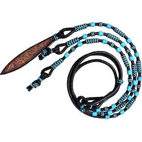 Black Rope with Turquoise Knots Raw Hide Leather Horse Tack Hand-Braided Romal Romel Reins Hand Carved Leather Popper Ranch Rope/Rope Reins