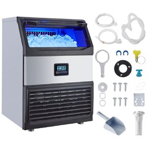 Commercial Ice Maker Machine, 200LB/24H Stainless Steel Under Counter Ice Machine, Self Cleaning, 55 Lbs Basket for Home Office Restaurant Bar, Water Filter, Scoops, Drain Pipe