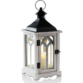 Homemory Rustic Farmhouse Lantern Decor, Wood & Metal 16'' Candle Lantern Hanging Candle Holders for Outdoor Indoor Home Living Room Patio Porch Table (White)