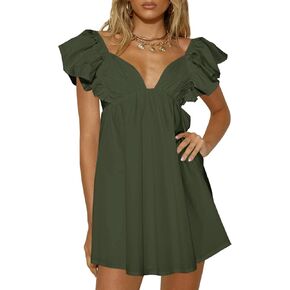 Teurkia Women's Summer Deep V Neck Dresses A Line Pleated Short Sleeve Backless Beach Dress