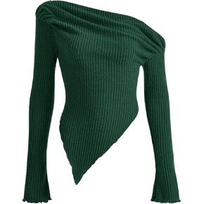 MakeMeChic Women's Ruched Off Shoulder Long Sleeve Asymmetrical Hem Ribbed Knit Tee Shirt Top