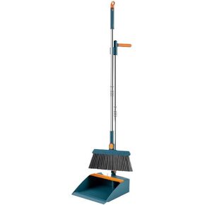 Household broom and dustpan set, an upright broom and dustpan combination That can be folded 180 degrees to save space and is suitable for home cleaning (Dark blue)