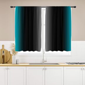 Black and Teal Kitchen Curtains 27.5W x 39L Inches Small Mini Ombre Room Grey Aqua Gradient Turquoise Design Rod Pocket Short Curtain Tiers for Cafe Window Drapes Treatment Fabric 2 Panels