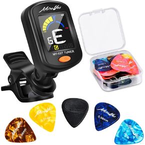MOREYES Rechargeable Guitar Tuner Clip On with 28Pcs Guitar Picks, Guitar Tuner for Acoustic Guitar, Electric Guitar, Bass, Ukulele & Chromatic Tuning Modes, Full Color Display