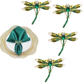 Dragonfly Napkin Rings Set of 4,Green Dragonfly Napkin Holders Gold Metal Napkin Buckle Bulk for Thanksgiving,Christmas, Family Gather, Table Decoration Rings