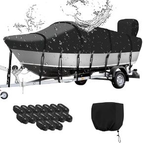 Heavy Duty 900D Waterproof Boat Cover, 22'- 24' Trailerable Marine Grade Polyester Canvas Boat Covers, Fits 22-24ft V-Hull, Fishing Boat, Tri-Hull, Runabout, Pro-Style Bass Boat with Tightening Strap