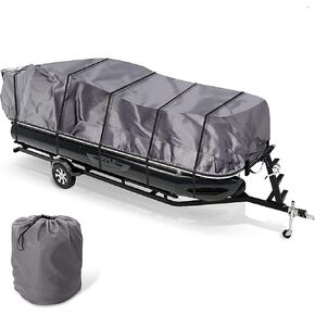 Pyle Protective Storage Boat Cover - Universal Waterproof and Weather Resistant with Sun Damage Protection Armor Shield Marine Grade Canvas for 21ft to 24ft Trailer Pontoon - PCVHP661