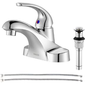 PARLOS Single Handle Mid Arc Centerset Bathroom Sink Faucet with Metal Drain Assembly and cUPC Faucet Supply Lines, Lead-Free, Chrome 13433