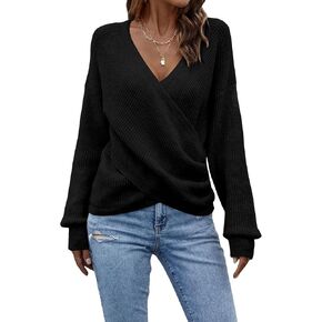 Verdusa Women's Casual Wrap Knit Sweater Deep V Neck Long Sleeve Pullover Top