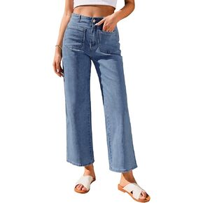 GRAPENT Wide Leg Jeans for Women High Waisted Straight Leg Stretchy Cropped Denim Pants with Pockets Jean Trousers