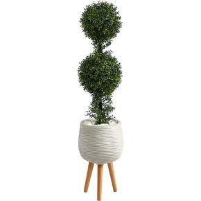 Nearly Natural 4ft. Boxwood Double Ball Topiary Artificial Tree in White Planter with Stand (Indoor/Outdoor)