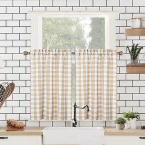 CAROMIO Buffalo Check Plaid Cotton Blend Farmhouse Tier Curtains for Kitchen Windows Short Half Window Cafe Curtains Bathroom Window Curtains, Tan and Cream, 27" Wx30 Lx2