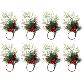 8Pcs Christmas Napkin Rings with Pine Cone Red Berry Rustic Napkin Holders for Christmas Dinning Table Decor Holiday Party Home Decoration (Red Berry)