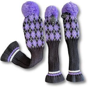 3pcs Knit Golf Headcovers Club Head Covers for Women Men Golf Driver 3 5 Fairway Woods Covers, Pom Pom Golf Wood Headcovers Covers for 1 3 5 Woods (puple&black)