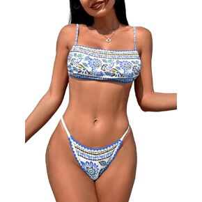 Milumia Women's Bohemian Swimsuit Cheeky String Swimwear Strappy Tie Brazilian Bikini Set