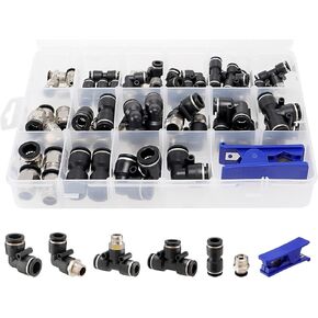 52 PCS Quick Connect Air Line Fitting Kits, 1/4", 3/8" and 1/2" NPT Thread Push To Connect Fittings, Nylon Tubing Connector Air Hose Fittings, Include Tube Cutter