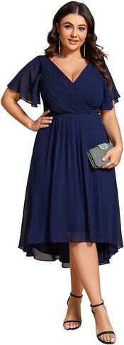Ever-Pretty Women's A Line Ruched V Neck Short Sleeves Knee Length Plus Size Wedding Guest Dress 01923-DA in Saudi Arabia