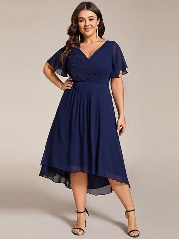 Ever-Pretty Women's A Line Ruched V Neck Short Sleeves Knee Length Plus Size Wedding Guest Dress 01923-DA in Saudi Arabia