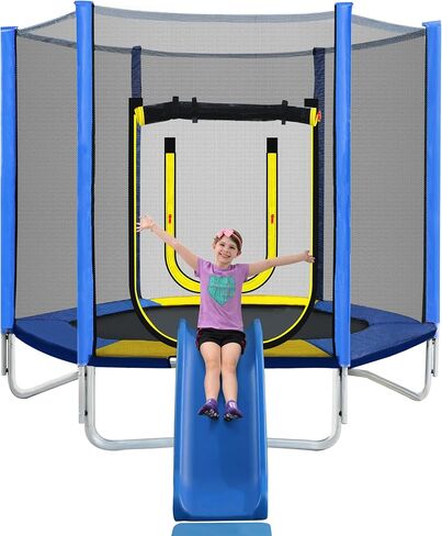 7FT Trampoline for Kids with Safety Enclosure Net Slide and Ladder, Easy Assembly Round Outdoor Recreational Trampoline for Kids and Adults Teens in Saudi Arabia