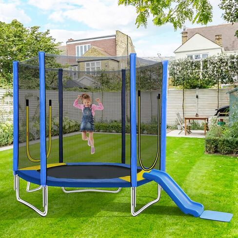 7FT Trampoline for Kids with Safety Enclosure Net Slide and Ladder, Easy Assembly Round Outdoor Recreational Trampoline for Kids and Adults Teens in Saudi Arabia