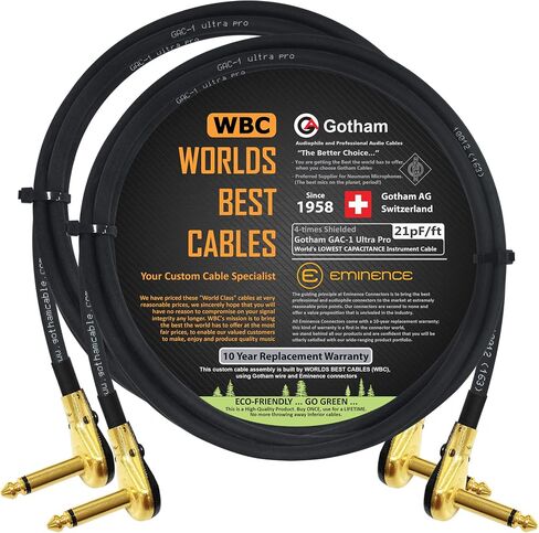 أفضل الكابلات في العالم وحدتان - 3 أقدام - Gotham GAC-1 Ultra Pro - أداة تأثيرات جيتار باس منخفضة الغطاء (21pF/قدم)، كابل تصحيح وذهبي (6.35 مم) موصلات من نوع فطيرة R/A منخفضة المستوى - مصنوعة حسب الطلب in Saudi Arabia