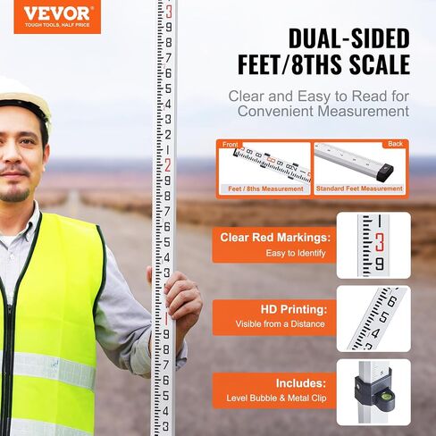 قضيب قياس ألومنيوم VEVOR، 9 أقدام/10 أقسام 3 أقسام قضيب قياس تلسكوبي، مقياس مزدوج الجوانب 1/10 قدم عصا قضيب التسوية، قضيب مسح من سبائك الألومنيوم مع مستوى الفقاعات وحقيبة حمل للمنازل والجدران والأرضيات in Kuwait