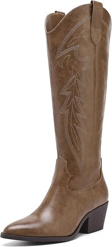 LISYIIZ Women's Knee High Cowboy Boots, Embroidered Western Boots | Pointed toe, knee-high shaft, western embroidery, block heel, concert-ready, festival-friendly, everyday styling in Saudi Arabia
