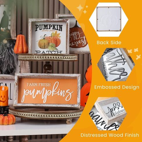 Fall Decorations for Home, Farm Fresh Pumpkins Block Sign for Shelf, Mantel, Table, Fall Decor For Tiered Tray, Embossed Metal With Wood Frame Orange in Saudi Arabia