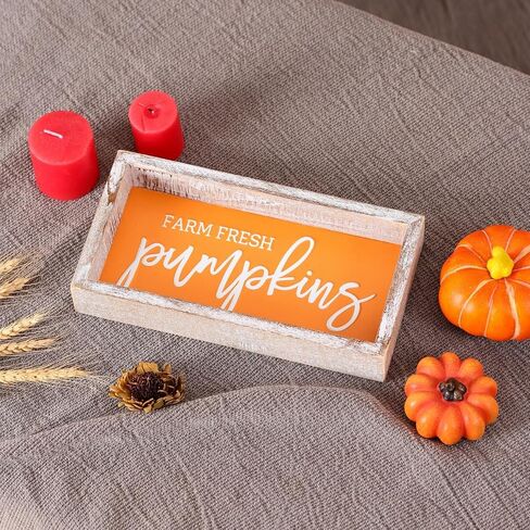 Fall Decorations for Home, Farm Fresh Pumpkins Block Sign for Shelf, Mantel, Table, Fall Decor For Tiered Tray, Embossed Metal With Wood Frame Orange in Saudi Arabia
